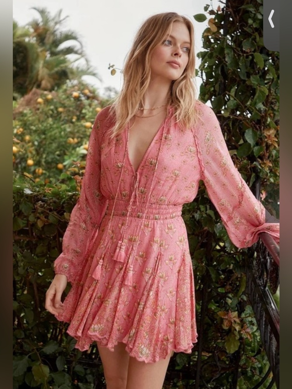 HEMANT & NANDITA Pink Floral V-Neck Long Sleeve Mini Dress